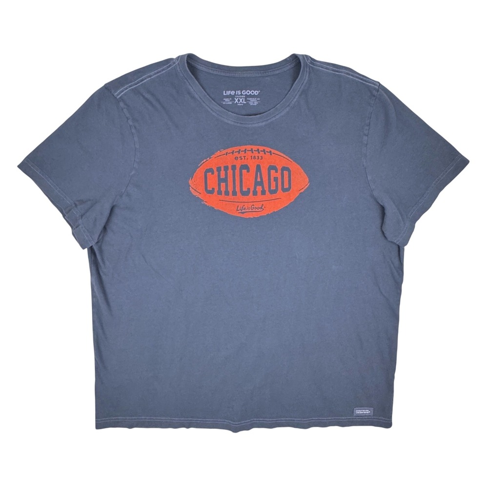Life is Good Mens XXL Chicago Football Crusher Graphic T-Shirt Navy Blue Cotton